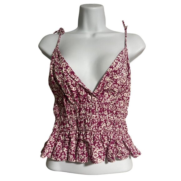 Sim & Sam Womens Floral Smocked Peplum Crop Top Sizzling Magenta Size Large - Picture 1 of 10